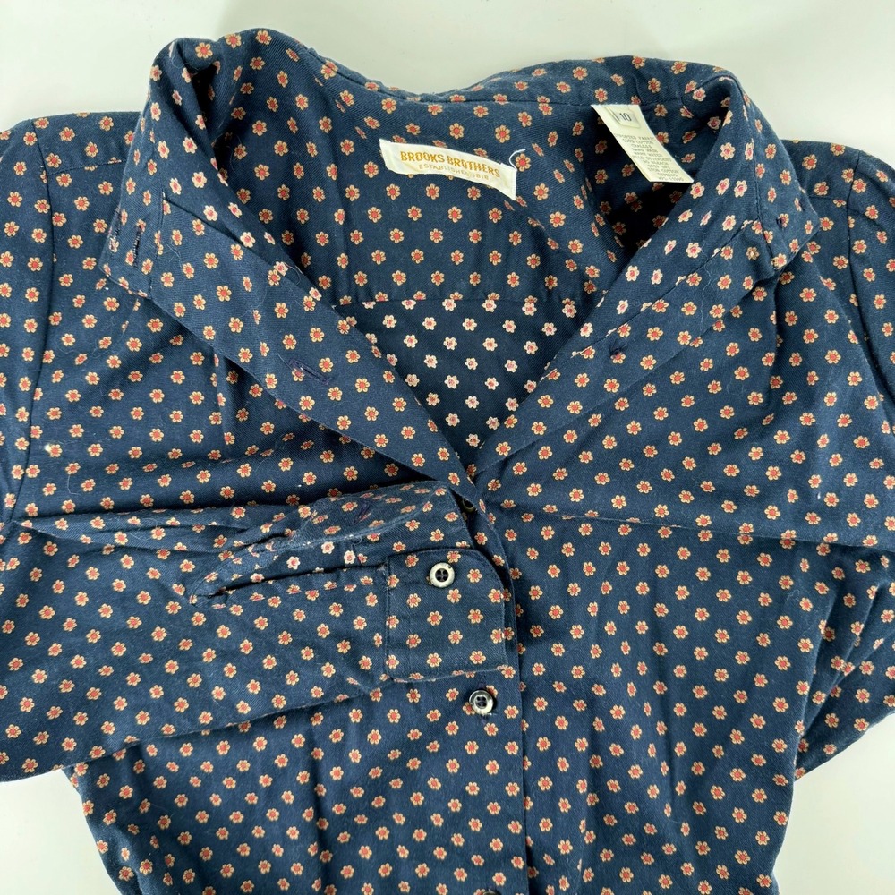 Brooks Brothers Vintage Shirt Dress 10 Navy Blue Floral Cotton Challis Tie Waist
